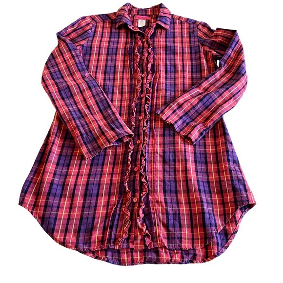Betsey Johnson Intimates Plaid Cotton Sleep Shirt‎ S Cozy Comfort Ruffles - Picture 3 of 9